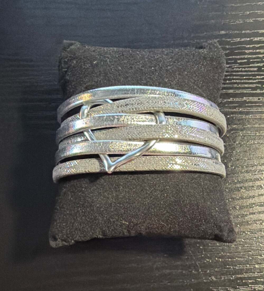 Good Works Make A Difference Metallic Silver Leather Wrap Bracelet with Heart Bu